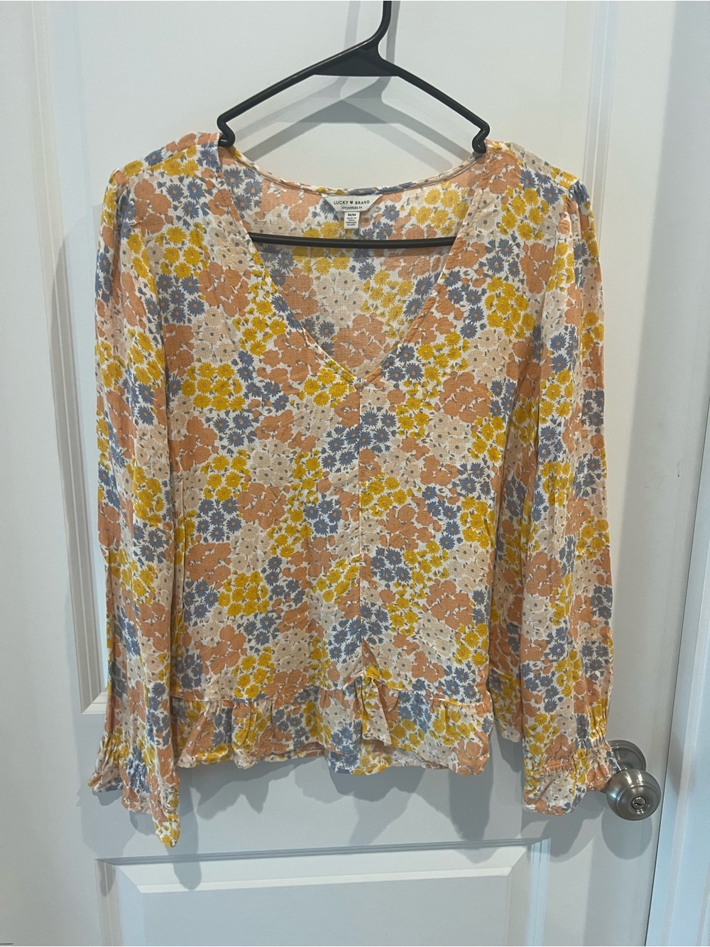 Lucky Brand Yellow Peach Blue Floral V-Neck Blouse Size Medium